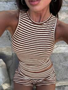 GAOVOT Women's Casual Striped Sleeveless Tank Top And Shorts 2 Piece Set, Slim Fit For Commuting And Outdoor Wear, Summer - màu nâu - Xem 5