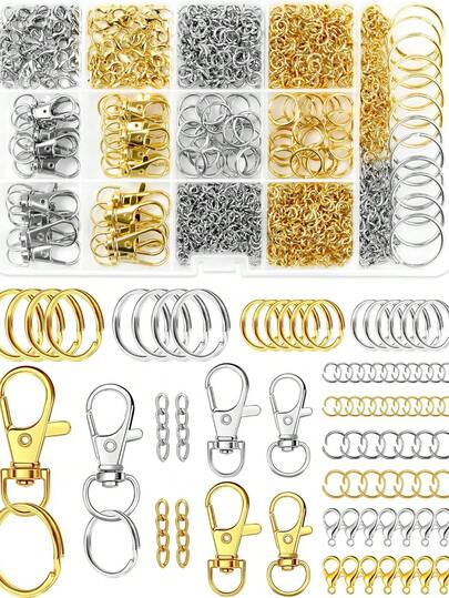 1000+ pièces Ensemble d'accessoires de bijouterie DIY de couleur or et argent comprenant des fermoirs mousquetons, des anneaux ouverts, des chaînes d'extension, des fournitures d'artisanat pour bracelets et colliers. Composants polyvalents pour projets DIY, idéal pour studio à domicile, passionnés et petites entreprises ayant besoin de quincaillerie métallique durable et de fournitures complètes pour accessoires de mode