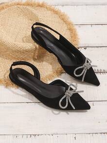 女士时尚尖头黑色水晶蝴蝶结玛丽珍鞋，休闲无后跟凉鞋 - 黑色 - 查看 5
