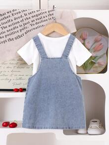 2pcs Baby Girls Cute Casual Short Sleeve Top + Cherry Pattern Suspender Dress Set, Lightweight Spring/Summer Vacation Outfit - Blue and White - View 2