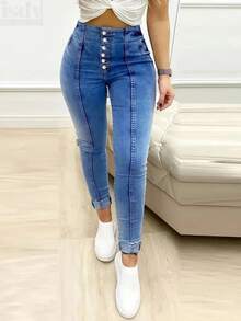 Woman High Waist Light Wash Skinny Jeans – Stretch Fit Butt-Lifting Button-Up Denim Pants - Navy Blue - View 2