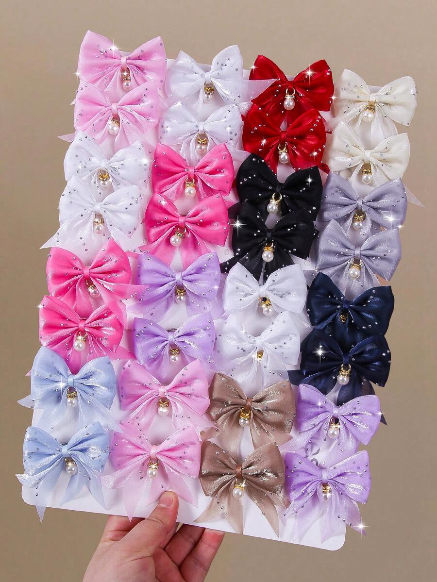 8pcs/Set Girls Multicolor Pearl & Rhinestone Decor Hairclips, Mesh Bow, Side Bangs, Minimalist Fringe Clips, Sweet & Versatile Hair Accessories, Suitable For Daily Use & Back To School - Multicolor - View 1