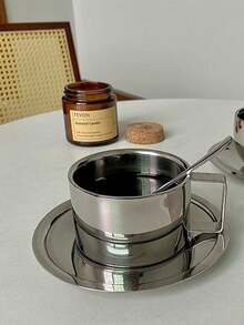 三件套咖啡杯套装，米兰咖啡杯套装，咖啡杯碟勺，马克杯，咖啡杯，高品质不锈钢材质，意式浓缩咖啡杯，手冲咖啡杯 - 銀色 - 查看 8