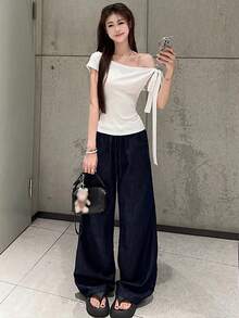 Tie hombro inclinado camiseta de manga corta verano nuevo Slim temperamento corto estudiante tops mujer blusas casuales para dama - Blanco - Ver 5