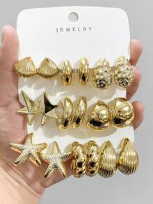 6-18pcs Women's Gold-Tone Fashion Earrings (Small Seashell, Starfish, C-Shaped), Suitable For Travel, Daily Wear, Dates - Gold - View 8