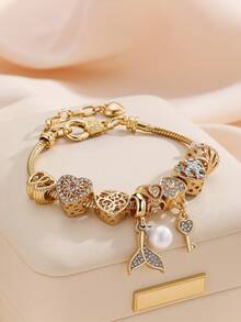 1Pc Fishtail Retractable Stainless Steel Bracelet Featuring A Key, A Lock Charm, And A Stylish Heart-Shaped, Making It The Perfect Gift For Valentine'S Day - Multicolor - View 3