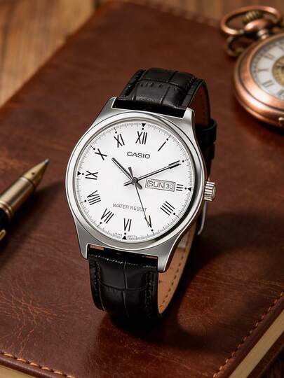 Casio Men's Quartz Watch, Leather Strap, White Roman Numeral Dial, Date Display, Three-Hand Analog Watch, Suitable For Daily, Casual Wear