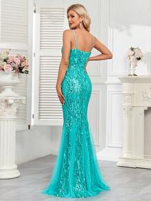 hezixi 优雅亮片性感晚礼服，长款鱼尾裙摆，适合正式舞会、奢华婚礼派对、鸡尾酒会等场合，也适合作为婚礼宾客、毕业典礼或晚宴礼服。 - 薄荷綠 - 查看 3