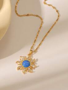 女士奢华太阳/生命之树/捕梦网/邪眼吊坠项链，高光泽镀金锆石链，通勤和约会皆宜 - 金色 - 查看 7