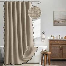 MIULEE Khaki Scalloped Shower Curtain Linen Textured With 12 Metal Hooks Cute Heavy Duty Washable Waterproof Thick Cloth Shower Curtains With Black Border For Bathroom Hotel Bathtub,W72*L72 - 卡其色 - 查看 2