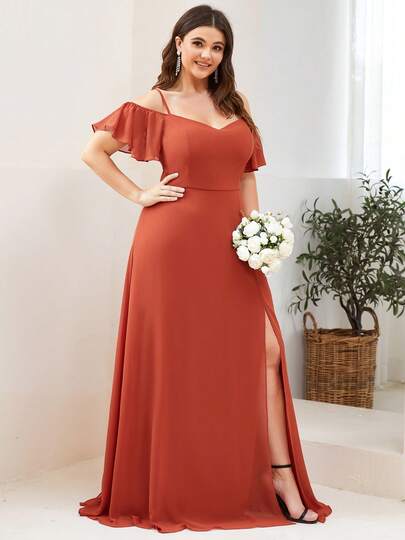 EVERPRETTY Vestido de dama de honor elegante, romántico y lujoso de talla grande con hombros descubiertos para boda primaveral