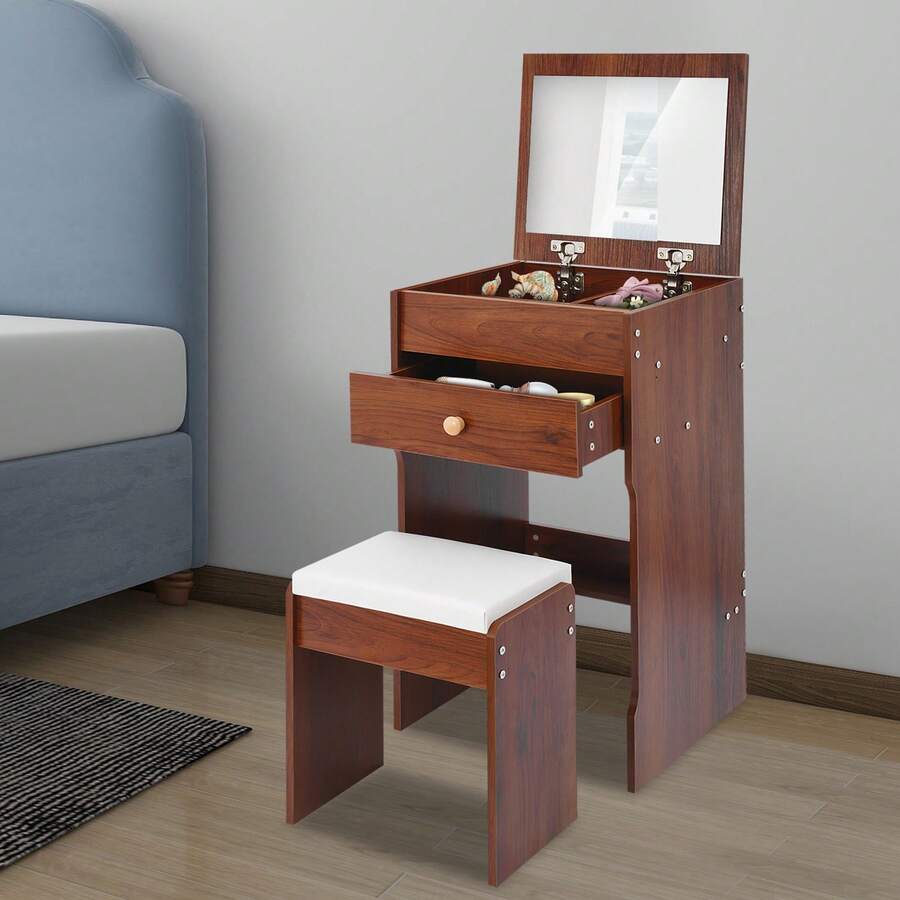 Compact Makeup Vanity Table With Mirror & Stool, 40cm Flip-Up Dressing Table For Bedroom With Storage Compartments, Vanity Table With Mirror For Bedroom, Space-Saving Vanity Desk - Warm White, Black Walnut, White Oak - Quả óc chó đen - Xem 1