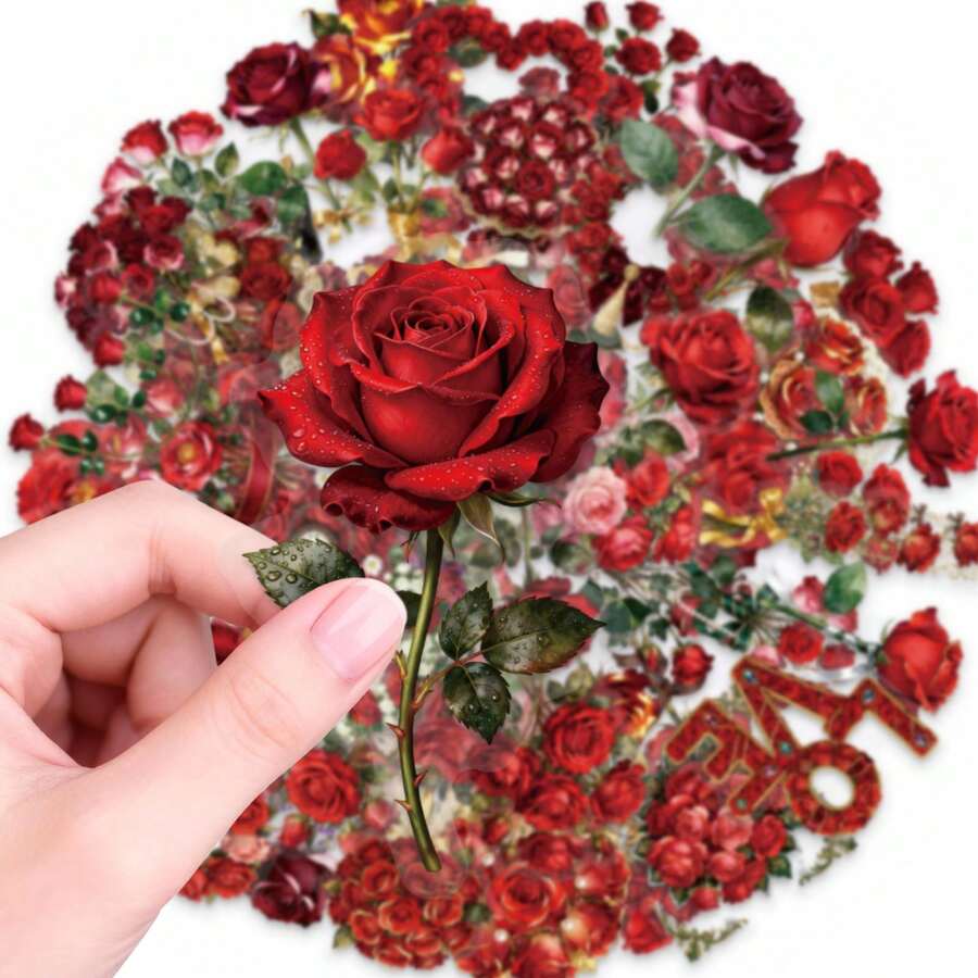 56款婚礼装饰玫瑰贴纸套装，珍珠点缀和心形PET贴纸，适用于浪漫项目、邀请函和礼品标签，透明全息贴纸 - 56 - 查看 1