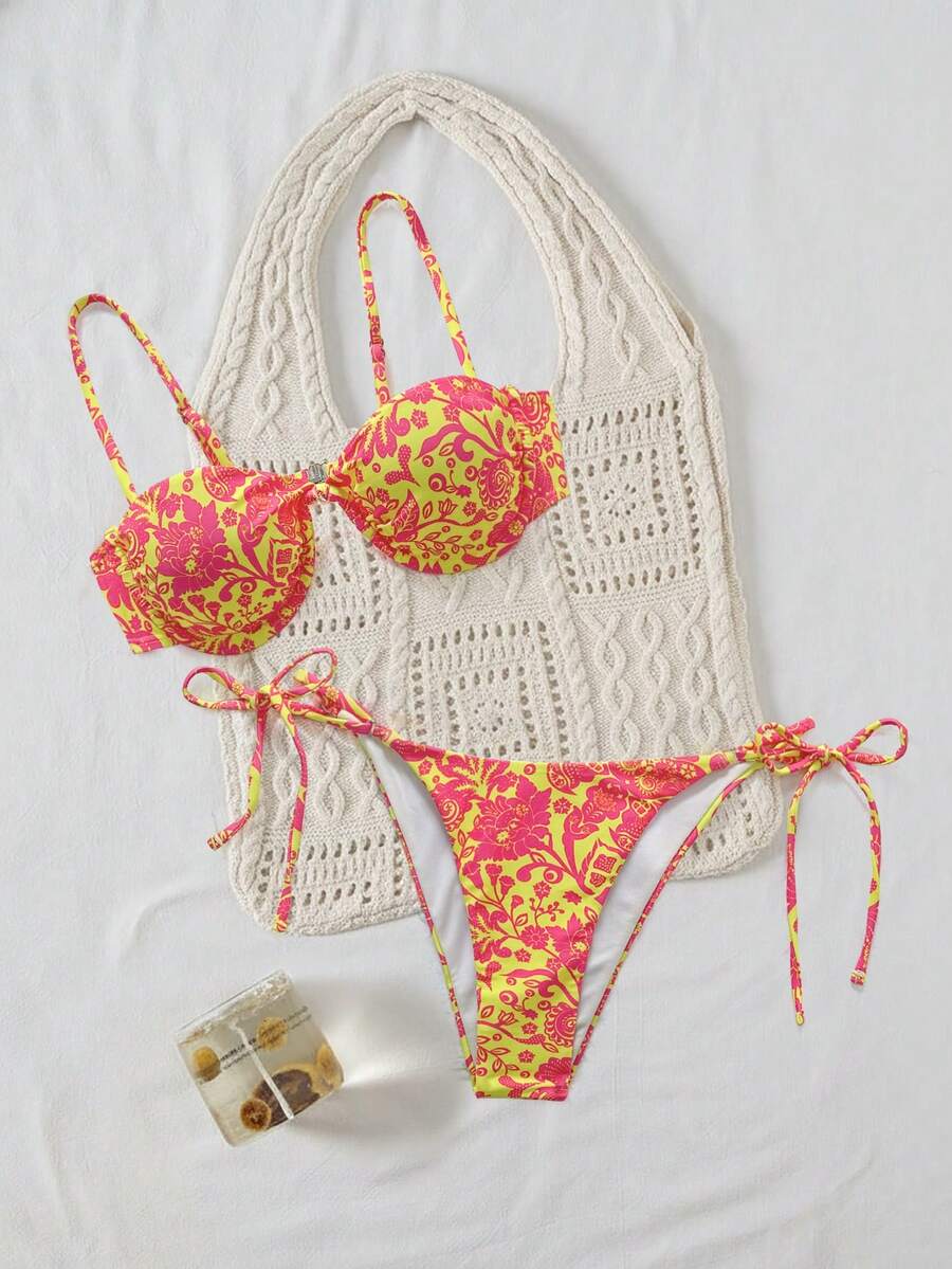 Summer Beach Vacation Printed Underwire Tie-Strap Two Pieces Bikini Swimsuit - Multicolor - View 1