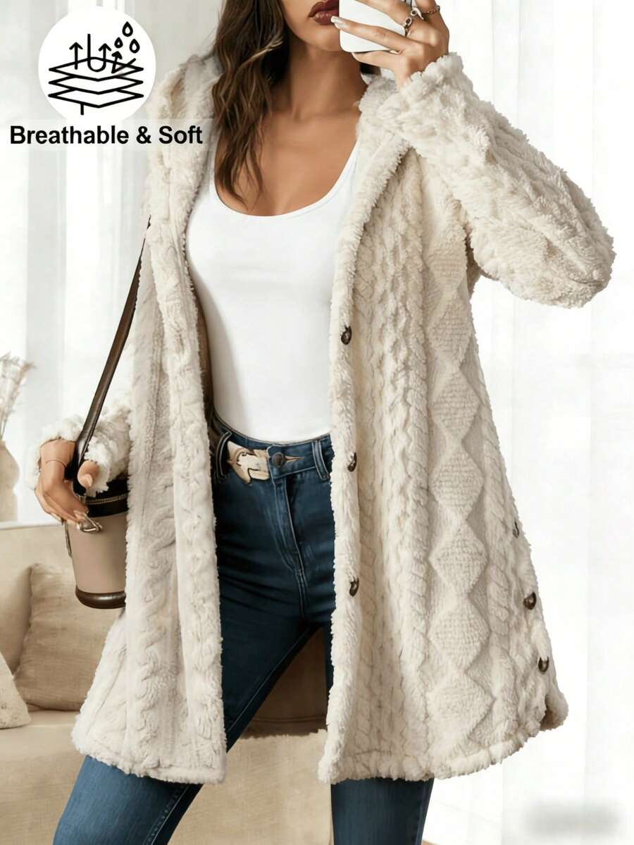 Women'S Elegant Fleece Hooded Cardigan With Jacquard Design - Soft Warm Winter Coat, Mid-Length Button-Front Closure, Cozy Long Sleeve Sweater For Fall & Winter, Casual To Semi-Formal Outfits (No Belt, Easy On/Off) - Versatile   Women'S Autumn Winter Long Cardigan Sweater, Casual Simple Fashion Fleece-Lined Textured Pattern Straight Sleeve Button Hooded Long Coat, Ropa De Invierno Mujer,Cardigan For Women,Women's Sweaters,Fuzzy Hooded Coat,Faux Fur Button Coat, Fluffy Long Sleeve Jacket ,Black Fuzzy Hooded Coat, Beige Fuzzy Button Jacket,Fall Winter Warm Fuzzy Coat,Old Money Fuzzy Coat,Cozy Fuzzy Outerwear - 白色 - 查看 1