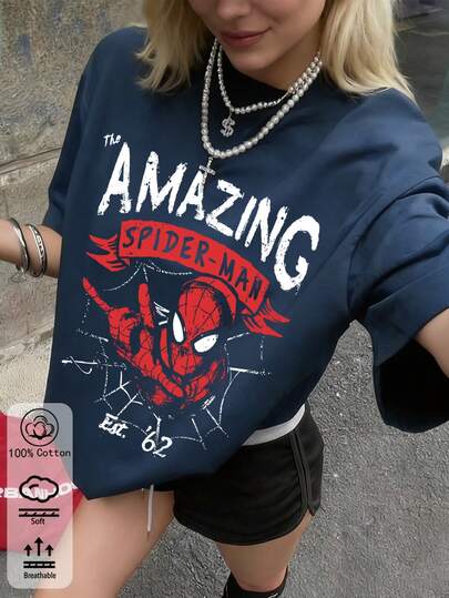 Camiseta feminina de algodão com estampa moderna do Homem-Aranha, estilo universitário, nova peça esportiva para primavera/verão, blusa de manga curta moderna, macia e respirável.