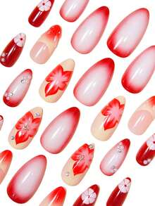 3D Red Flower Pearl Glitter Diamond Tie Dye French Manicure Nail Stickers, Suitable For Women & Girls Spring/Summer Party, Date, Daily, Office, Includes 1 Nail Sticker Sheet & 1 Mini Nail File, Random Delivery Nails - Multicolor - View 4