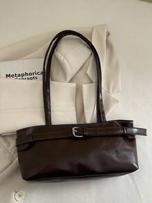 1pc Vintage Large Capacity Tote Bag, Commuter Oversized Underarm Bag, Fashion Motorcycle Handbag, PU Solid Color Oiled Wax Leather, Strap Decor, Zipper Closure, Women's Shoulder Bag For Work, College Student Backpack, Short Trip, Vacation, Shopping, Business, Suitable For Daily Use - Coffee Brown - View 2