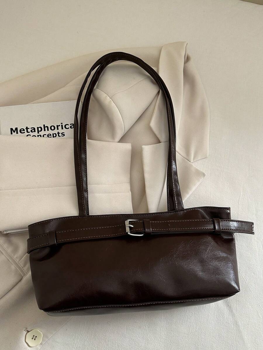 1pc Vintage Large Capacity Tote Bag, Commuter Oversized Underarm Bag, Fashion Motorcycle Handbag, PU Solid Color Oiled Wax Leather, Strap Decor, Zipper Closure, Women's Shoulder Bag For Work, College Student Backpack, Short Trip, Vacation, Shopping, Business, Suitable For Daily Use