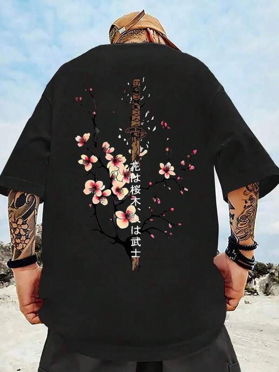 Mens Tshirts Plus Size Men's Casual Samurai Sword & Sakura Letter Graphic Round Neck Short Sleeve T-Shirt, Summer Men's Fashion Print Casual T-Shirt Casual Summer T-Shirt, Comfortable Outdoor Casual Wear - Black - View 1