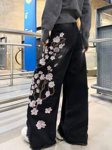 1件装女士做旧刺绣阔腿牛仔裤，宽松舒适休闲街头风牛仔裤，后袋装饰（不含腰带/配饰）粉色春季 - 粉色 - 查看 3