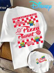  T-shirts pour hommes autorisés Disney, imprimés avec des motifs de la Planète Pizza des Aliens. T-shirts à manches courtes pour hommes avec des motifs intéressants, polyvalents pour tous les jours. Meilleur cadeau, unisexe, tissu confortable, lavable en machine, convient pour le printemps et l'été.