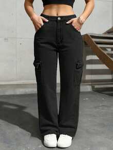 女士长款直筒牛仔工装裤，带口袋，休闲装 - 黑色 - 查看 5