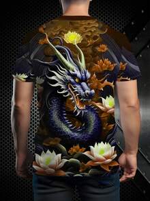 必备单品！龙与莲花印花T恤，红黑东方风街头时尚短袖 - 彩色 - 查看 2