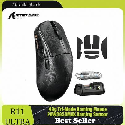  ATTACK SHARK R11 Ultra 8K Carbon Fiber Wireless Gaming Mouse With 42000 DPI-PAW3950 MAX Sensor-49g Lightweight,Nordic 52840 MCU Chip,Wired/BT/2.4Ghz Programmable,RGB Coiled Cable For PC