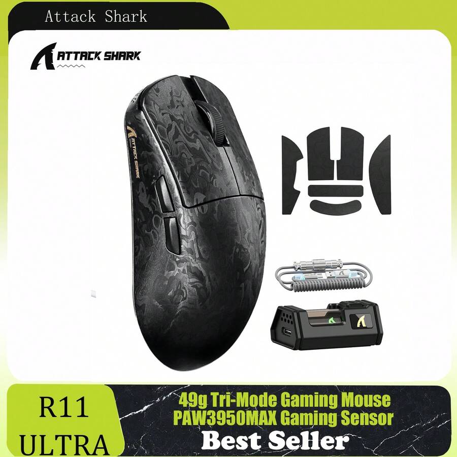 Chuột chơi game không dây ATTACK SHARK R11 Ultra 8K sợi carbon với độ phân giải 42000 DPI - Cảm biến PAW3950 MAX - Trọng lượng nhẹ 49g, chip MCU Nordic 52840, kết nối có dây/Bluetooth/2.4Ghz có thể lập trình, cáp xoắn RGB dành cho PC