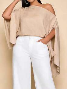 Women's Plus Size Flowy Tops Fashionable Solid Color Batwing Sleeve Off One Shoulder Loose Fit Blouse For Casual Daily Wear - 駝色 - 查看 2