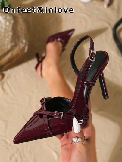 On feet& in love Women's Fashionable Elegant Criss-Cross Strap Pointed Toe V-Cut Buckle High Heel Pumps, Suitable For Dresses And Weddings