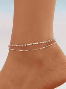 1pc Minimalist Double-Layer Crystal Anklet For Women, Summer Beach Holiday - Yellow Gold - View 1