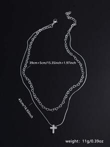 1pc Elegant Zirconia Inlaid Cross & Heart Pendant Dual Layer Necklace, Suitable For Women's Daily Dates, Music Festivals - Silver - View 2