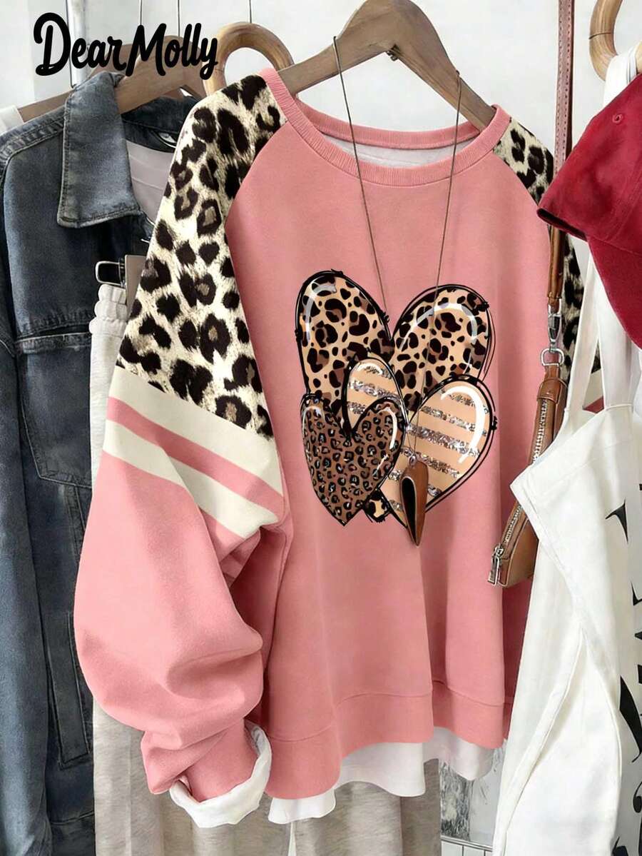 DEAR MOLLY 女士情人节爱心印花套头卫衣，复古豹纹休闲卫衣，冬季新年穿搭，情人节送她的礼物 - 粉色 - 查看 1