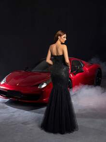 Faeriesty Elegant Black Strapless Mermaid Evening Gown With Sequin Bodice & 3D Floral Embellishment, Tulle Net Skirt Formal Dress For Gala, Wedding Guest, Black Tie Event, Formal Dinner - Black - View 3