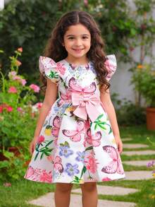 Young Girl Floral Print Ruffle Trim Bow Front Gown Dress - Multicolor - View 1