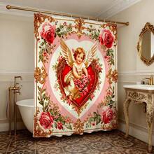 ستارة دش بتصميم قلب كيوبيد الورد الأنيق مع خطافات، ستارة حمام رومانسية فيكتورية، ستارة حمام مزينة بإطار كيوبيد والزهور لديكور حمام عيد الحب، إكسسوارات حمام فاخرة باللون الذهبي، لوازم حمام منزلية أنيقة كلاسيكية، ستارة حمام احتفالية رسمية، ديكور منزلي لا يزول، ستارة حمام فاخرة عالية الجودة - أحمر وأبيض - مشاهدة 2