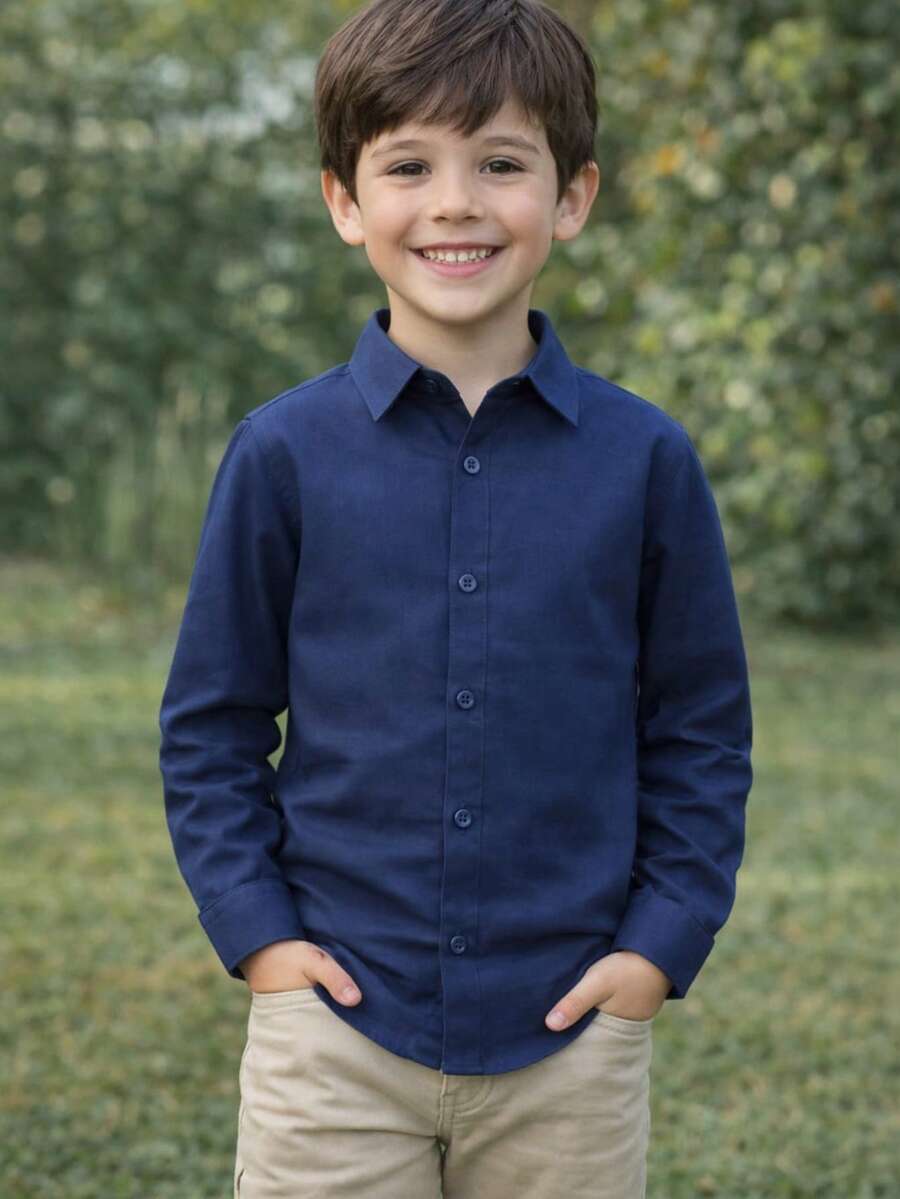 Children's/Youth Long-Sleeved Dress Shirt For Graduation, Baptism, Conference, Church - Màu xanh hải quân - Xem 1