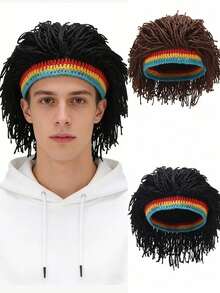 趣味编织假发帽，男女通用针织假发帽，手工钩编辫子帽，男女皆宜，保暖冬季时尚帽，派对帽 - 深棕色 - 查看 3