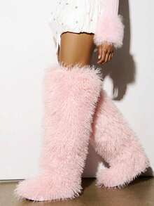 Women's Winter Knee High Boots Pull-On Faux Fur Round Toe Strap Boots For Women Comfy Plush Warm Outdoor Indoor Flat Shoes Punk Party Dressy Furry Fluffy Winter Autumn Fall Boots - Hồng dài - Xem 5