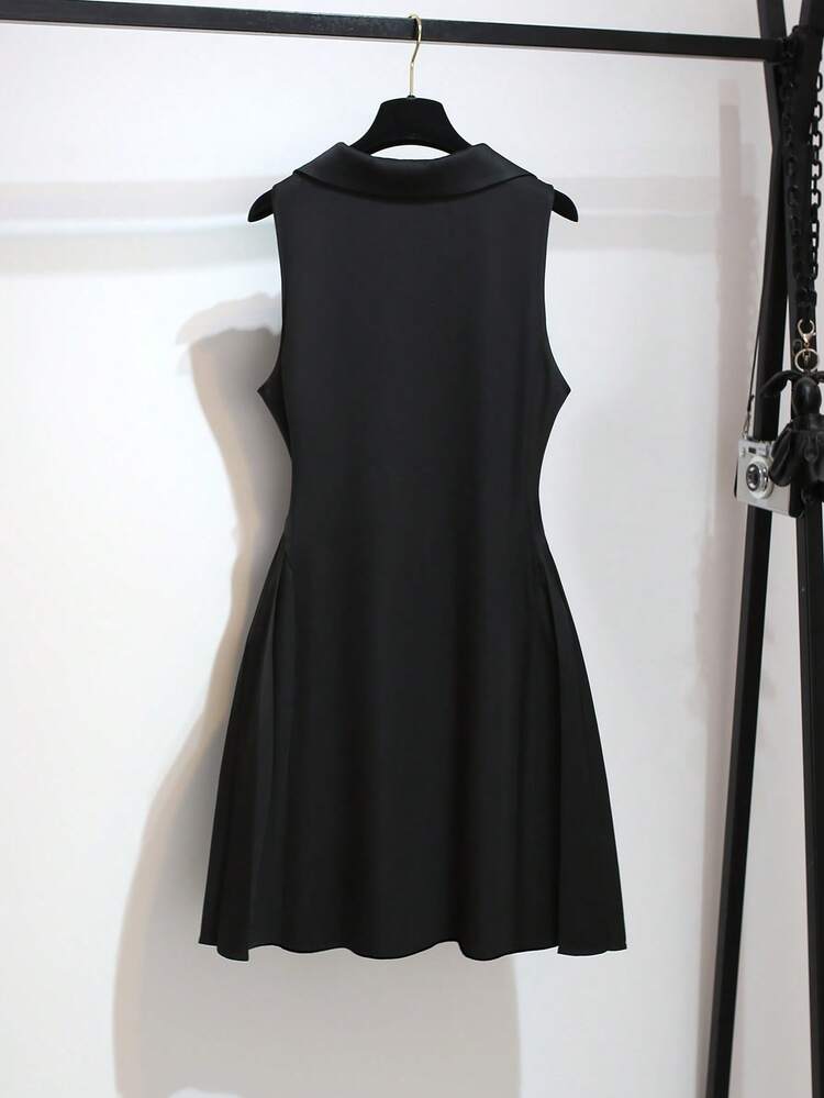 Vestido de verano de negocios casual reversible con cuello plisado para mujer talla grande, adecuado para oficina, citas, invitada de boda, elegante, fiesta, color negro - Negro - Ver 6