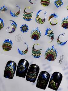 1pc Hot Stamping Exquisite Blue Peacock Gilded Peacock Feather Peacock Spreading Tail Nail Art Stickers 5D Majestic Oriental Nail Decals Self-Adhesive Manicure Accents For Women - Multicolor - View 7
