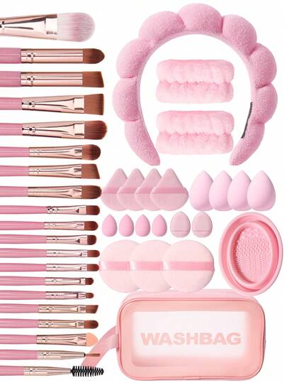 42PCS Makeup Tools Set Including:1pc Multi-Functional Zipper Toiletry And Cosmetic Bag Waterproof+20PCS Makeup Brush Set+3PCS Circular Powder Puffs+1pc Makeup Brush Cleaning Tools+4PCS Mini Makeup Sponges+2PCS Mini Air Cushion Powder Puffs+4PCS Triangle Powder Puffs+4PCS Makeup Sponges+1pc Hairband+2PCS Hand Bowl Strap,All-In-One & Beginner-Friendly | Travel-Ready & Gift-Ready | Perfect For Newbies/Her