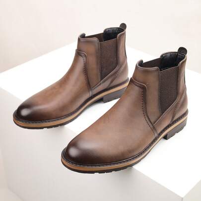 男士复古棕色切尔西靴 - 高级皮革套穿式踝靴，休闲正装皆宜
