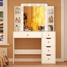 35.5 Modern Vanity Desk With Lighted Mirror, Makeup Vanity Table With Glass Top, 10 USB Power Bulbs Mirror 3 Color & Brightness Adjustable,Bedroom Vanity Set Girls Women,New Year - 白色 - 查看 7