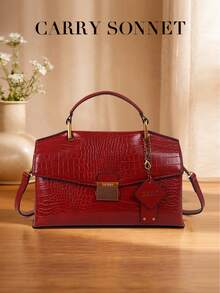 Bolso de mano con textura y diseño de cierre de metal, elegante bolso de hombro. Bolso de mujer, regalo para mujer - Burdeos - Ver 4