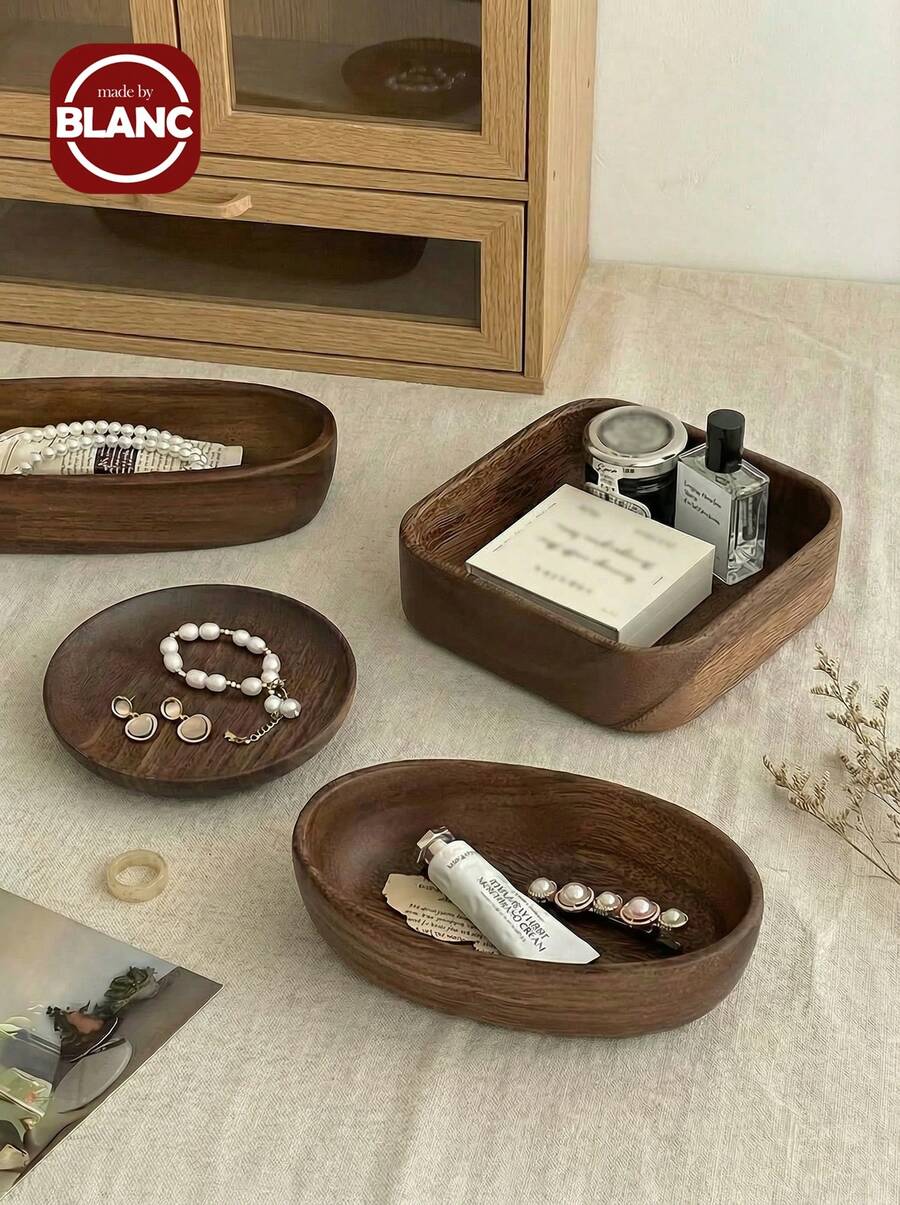 1个优雅复古胡桃木桌面收纳盒，优质实木首饰展示托盘，时尚玄关钥匙及杂物收纳架，女士适用，旅行必备品完美收纳方案，返校宿舍整理收纳好帮手，圣诞节、感恩节、新年和情人节的理想礼物 - 棕色 - 查看 1