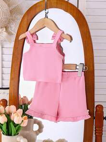 2pcs Baby Girls' Casual Cute 3D Floral Bow Strap Top And Pants Set, Summer - Pink - View 2
