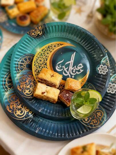 Bộ 12/24/48 món, nền xanh dương, bộ đồ ăn dùng một lần họa tiết trăng khuyết, khay giấy dùng một lần, khay giấy 7 inch, khay giấy 9 inch, khay đựng thức ăn, khay tiệc, chất liệu phù hợp cho các lễ hội Hồi giáo, tắm rửa, thờ cúng, tiệc chiêu đãi, tụ họp, bữa tối, trang trí ngày lễ.